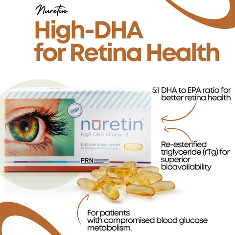 Image of a product box labeled PRN Nuretin - High Dose Omega-3 Fish Oil Supplement - Support Healthy Retinal Function with omega-3 softgel capsules in front, featuring text: 5:1 DHA to EPA ratio, Re-esterified triglyceride (rTG), and For patients with compromised blood glucose metabolism.