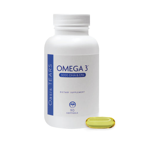 The Oasis TEARS Omega 3 supplement by Oasis Medical, featuring 3000 DHA & EPA for eye health and dry eye relief, comes in a white bottle with 90 softgels; one yellow softgel sits next to the bottle.