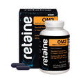 A packaging image of OCuSOFTs Retaine OM3 Nutritional Supplement showcases its ocular health benefits, offering 800 mg of EPA and 400 mg of DHA per serving. In front are two purple softgels, with a total count of 60 softgels included.