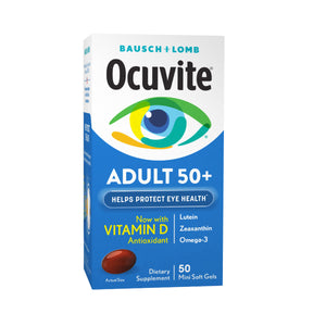 Ocuvite Eye Vitamin & Mineral Supplement by Bausch + Lomb features zinc, vitamins C and E, omega-3, lutein, and zeaxanthin. It aims to support eye health with its blend of ingredients. The bottle contains 90 softgels.