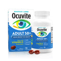 The product image features Bausch + Lombs Ocuvite Eye Vitamin & Mineral Supplement, showcasing the box and bottle with ingredients like Zinc, Vitamins C, E, Omega-3, Lutein & Zeaxanthin for eye health. Two red soft gel capsules are displayed in front.