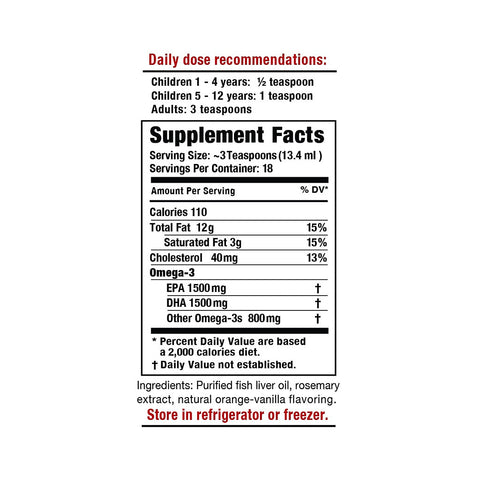 The Omega Cure Omega 3 Fish Oil (8.5 oz) by Omega 3 Innovations recommends: Children 1-4 yrs: ½ tsp, 5-12 yrs: 1 tsp, Adults: 3 tsp. The label highlights omega-3 dosage; ingredients include purified fish liver oil with a non-fishy taste. Store in fridge or freezer for freshness.
