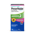 A box of PreserVision AREDS 2 Chewable Eye Vitamin & Mineral Supplement by Bausch + Lomb contains 60 tablets. Labeled Doctor Recommended and Great-Tasting Chewable, its formulated for age-related macular degeneration and eye health support.