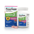 The Bausch + Lomb PreserVision AREDS 2 Chewable Eye Vitamin & Mineral Supplement (60 Tablets) is beside two chewables, with packaging stating Great-Tasting Chewable! in mixed berry flavor, ideal for supporting eye health and managing Age-related Macular Degeneration.