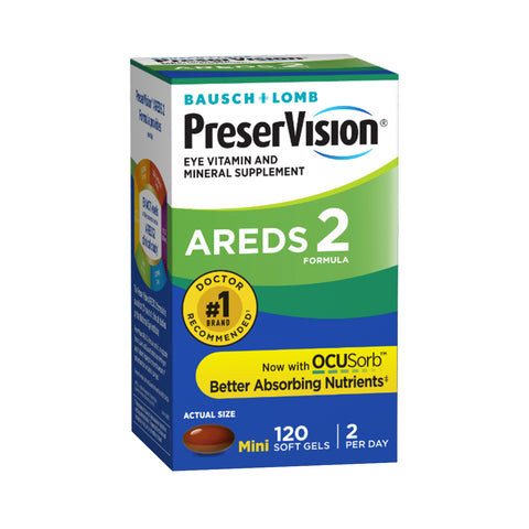The image shows Bausch + Lombs PreserVision AREDS 2 Eye Vitamin & Mineral Supplement, featuring OCUSorb Technology for optimal nutrient absorption. This doctor-recommended formula includes 120 softgels, with a daily dosage of two.