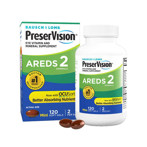 Image of Bausch + Lombs PreserVision AREDS 2 Eye Vitamin & Mineral Supplement, featuring the packaging and bottle of 120 softgels with Doctor Recommended and Better Absorbing Nutrients using OCUSorb Technology for optimal eye support.