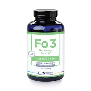 The PRN Flex Omega Benefits FO3 with Vitamin D3 for Joint Health (270ct) is a 3-month supply bottle containing 270 Omega-3 rich softgels. The GMP-branded label advises taking three softgels daily as a supplement, highlighting its joint health benefits.