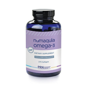 Discover PRNs numaqula Omega-3, a high-dose supplement for macula and retina support. Packed with lutein and zeaxanthin for eye health, it offers 270 softgels in a striking blue and white GMP-sealed package.