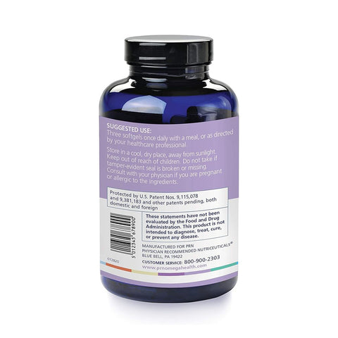 A blue bottle with a black cap shows the back label of PRN numaqula Omega-3, a dietary supplement for macula and retina health. The label includes usage instructions, storage info, warnings, manufacturer details, and contact information.