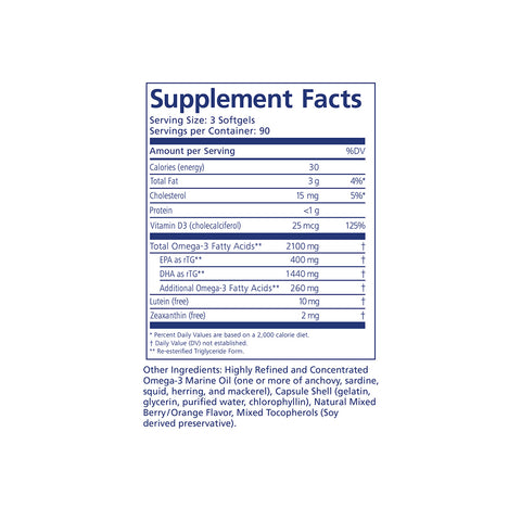 The PRN numaqula Omega-3 label highlights macula and retina support, with a serving size of 3 softgels. It details calories, cholesterol, protein, vitamin D, and Omega-3s like EPA and DHA. Ingredients include fish oil and mixed tocopherols. A 3-month supply is offered by PRN - Physician Recommended Nutriceuticals.