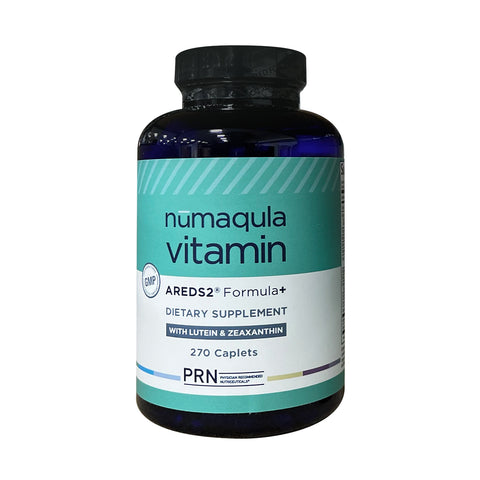 PRN nūmaqula Vitamin - AREDS2 Based Formula provides advanced macular support with ingredients like lutein and zeaxanthin. This 270ct dark bottle has a teal and white label and is perfect for eye care by supporting ocular health with every dose.