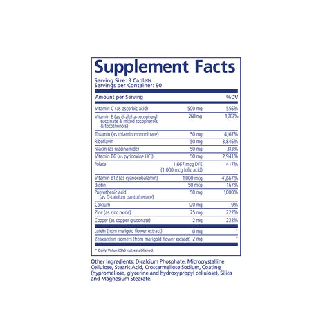 The white supplement facts label of PRN nūmaqula Vitamin (by PRN - Physician Recommended Nutriceuticals) shows per serving details for essential ocular health vitamins like Vitamin C, E, Niacin, B6, Folic Acid, and Zinc. The serving size is 3 caplets with 90 servings per container.