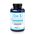 A bottle of PRN DE3 Dry Eye Omega Benefits® dietary supplement by PRN - Physician Recommended Nutriceuticals contains 90 softgels with Vitamin D3. Its recommended to take 3 softgels daily for Dry Eye Omega Benefits. The bottle is blue with a white and light blue label.