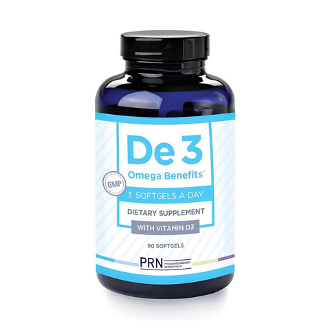 A bottle of PRN DE3 Dry Eye Omega Benefits® dietary supplement by PRN - Physician Recommended Nutriceuticals contains 90 softgels with Vitamin D3. Its recommended to take 3 softgels daily for Dry Eye Omega Benefits. The bottle is blue with a white and light blue label.