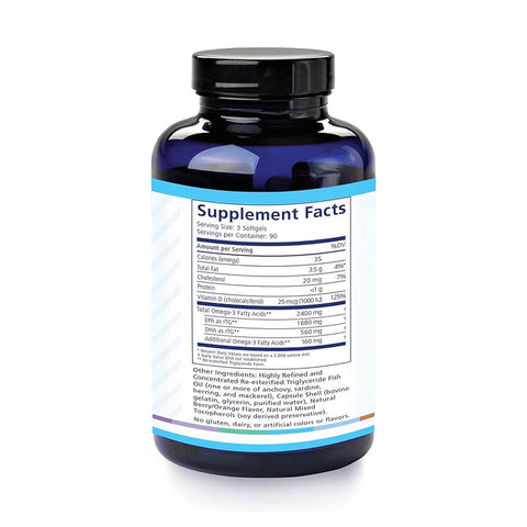 A blue bottle of PRN DE3 Dry Eye Omega Benefits® by PRN with a white label detailing nutrition info like calories, total fat, vitamin D, and Omega-3s. Supplement Facts is prominently displayed. Enjoy Omega Benefits gluten-free, dairy-free, and without artificial colors.
