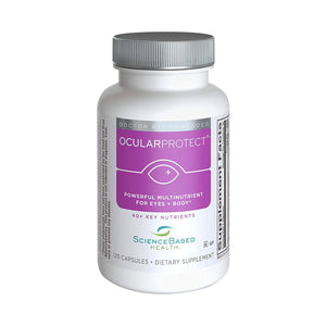 The OcularProtect Whole Body Multivitamin Formula by ScienceBased Health comes in a white bottle with a purple and white design, stating Powerful Multinutrient for Eyes + Body and 40+ Key Nutrients. As a dietary supplement offering antioxidant protection, it contains 120 capsules.