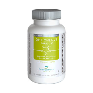 A white bottle labeled Optic Nerve Formula by ScienceBased Health promotes nutritional support for optic nerve health, featuring green and yellow accents with 120 softgels. It is doctor-recommended, clinically tested, and enriched with antioxidants for optimal ocular circulation.