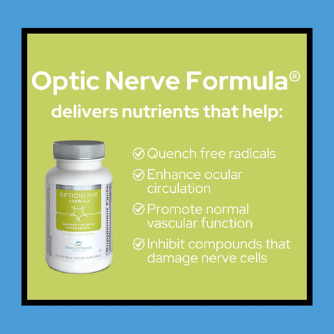 Image of a product bottle labeled Optic Nerve Formula, Nutrition Support for Optic Nerve Health (120ct) by ScienceBased Health, highlighting benefits of powerful antioxidants quenching free radicals, enhancing ocular circulation and normal vascular function, inhibiting nerve cell damage. Blue/green background.