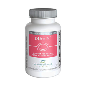 The DiaVis dietary supplement by ScienceBased Health, featuring a pink label, supports retina, nerve, and kidney health for diabetes management. It contains 60 antioxidant capsules and is doctor recommended.