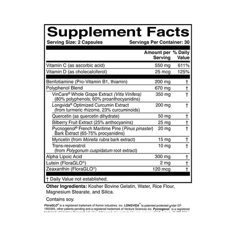 The Supplement Facts label for DiaVis by ScienceBased Health, a 60ct 1-month supply, details servings per container, amounts per serving, daily values for Vitamin C, D, antioxidants-rich Polyphenol Blend, Alpha Lipoic Acid, and lists other ingredients to aid diabetes management.