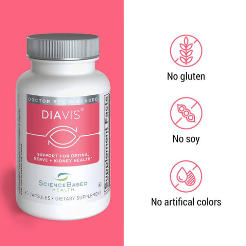 Image of a DiaVis - Eye and Nerve Support Formula (60 ct, 1 Month Supply) bottle by ScienceBased Health. Icons emphasize diabetes support with antioxidants for retina, nerve, and kidney health. Free from gluten, soy, and artificial colors. The bright pink background adds vibrancy.