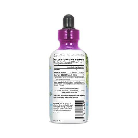 The Tropical Oasis Biotin Liquid Supplement for Hair, Nail, and Skin (32oz.) features a purple-capped bottle with a dropper. The label presents supplement facts, highlighting the organic aloe vera and biotin formula benefits for hair growth, along with dosage instructions and manufacturing details.