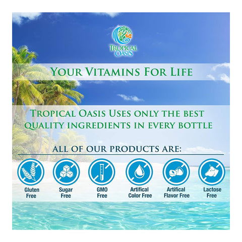A tropical beach scene with a clear blue sky and Tropical Oasis logo. Text: Your Vitamins For Life, featuring Tropical Oasis Biotin Liquid Supplement for Hair, Nail, and Skin (32oz.). Icons show its Gluten Free, Sugar Free, GMO Free, Artificial Color and Flavor Free, Lactose Free.
