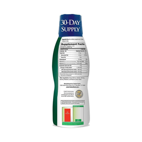 The Tropical Oasis Cod Liver Oil 1144mg Omega-3 Liquid Supplement (16oz.) has a white and green design labeled 30-Day Supply, emphasizing fast absorption. The back shows a supplement facts label with nutritional info, ingredients, manufacturing details, and the GMP certification logo.