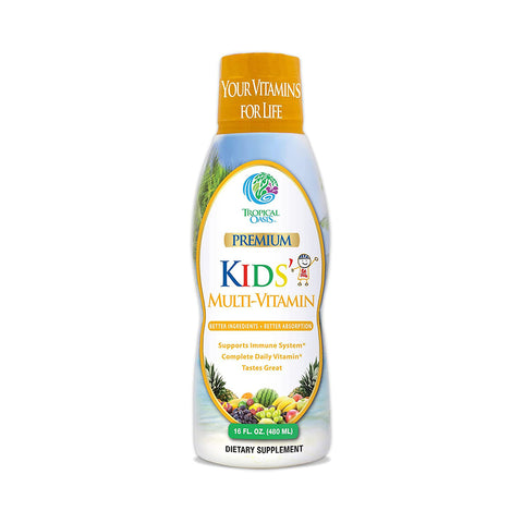 Tropical Oasis Kids Liquid Multivitamin (16oz.) highlights Better Ingredients - Better Absorption, supporting kids immune systems with essential vitamins, all in a playful, fruit-themed design.
