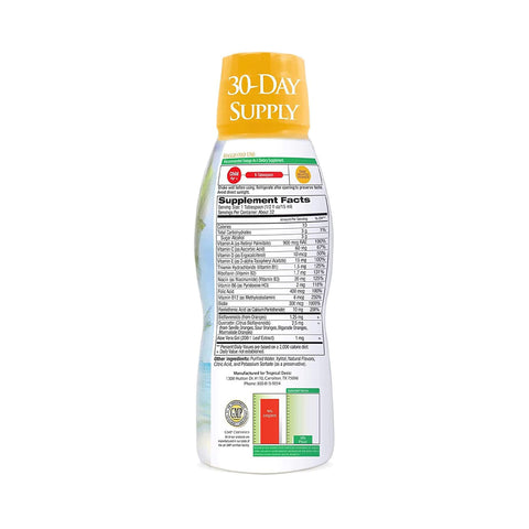 The 16oz. Tropical Oasis Kids Liquid Multivitamin has a yellow cap and features a 30-Day Supply label. The back white label includes Supplement Facts with ingredient details, designed for high absorption rates. Its sealed in green, white, and red at the bottom for young ones.