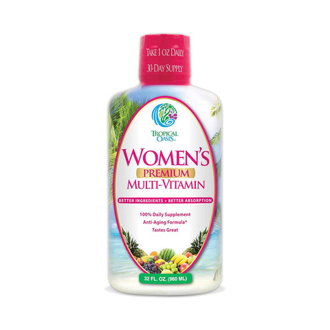 Tropical Oasis Womens Premium Multi-Vitamin Liquid Supplement (32oz.) offers Better Ingredients, Better Absorption and an Anti-Aging Formula supporting immune health, in a 30-day supply bottle with a vibrant tropical design.
