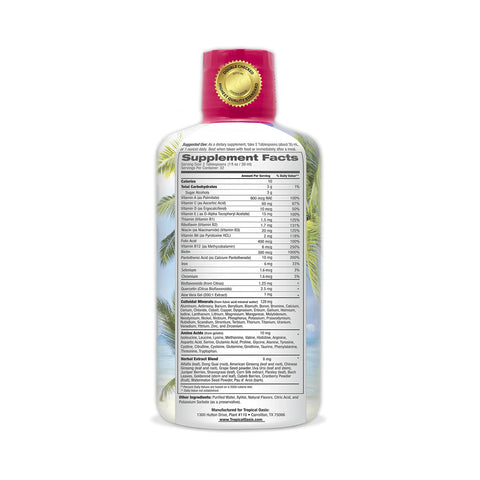 The 32oz. bottle of Tropical Oasis Womens Premium Multi-Vitamin Liquid Supplement features a red cap and palm tree design on the label, with supplement facts and ingredients in black on white on the back, supporting anti-aging and immune health.