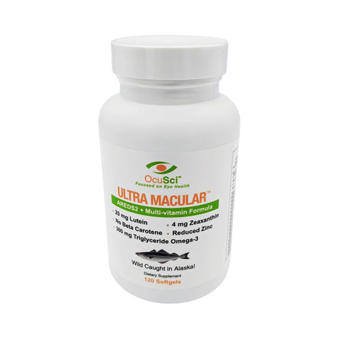 The OcuSci Ultra Macular ARED-2 Multi-vitamin (120ct) features AREDS 2 Formula with a multivitamin blend, including lutein, zeaxanthin, beta carotene, and omega-3. The label highlights Wild Caught in Alaska and offers a 60-day supply of softgels.