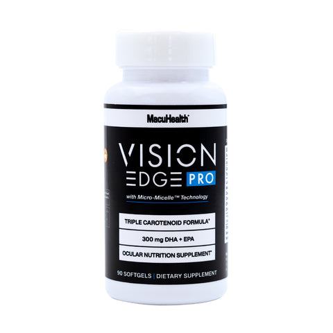 A white bottle with a black label reads MacuHealth Vision Edge ECP Pro, an eye health supplement featuring a Triple Carotenoid Formula for superior visual enhancement, offering blue light protection and containing 90 softgels.