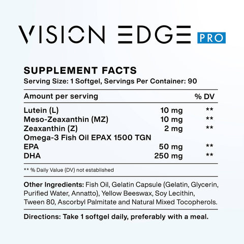 The MacuHealth Vision Edge ECP Pro for Visual Enhancement - 90 Day Supply features a potent blend for eye health, including Lutein, Meso-Zeaxanthin, Zeaxanthin, and Omega-3 Fish Oil for blue light protection, with precise dosage instructions.