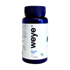 A blue bottle of Weye Dry Eye Vitamins has a minimalist white label reading Dietary supplement with Excelvit®. Its expertly formulated with Omega-3, Lutein, Vitamin D3, and Zinc for optimal eye health supporting hydration, tear production, and eye protection.