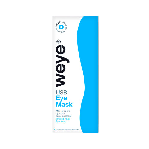 The image shows the packaging of Weye Heated Eye Mask with USB. The white and blue box features English and Spanish text promoting its infrared heat therapy for soothing relief of dry eyes.