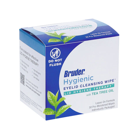The Bruder Hygienic Eyelid Cleansing Wipes with Tea Tree Oil provide essential ocular hygiene. The blue and white package, featuring green leaf graphics and a Do Not Flush warning, contains 30 pre-moistened wipes for optimal eyelid health.