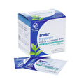 The Bruder Hygienic Eyelid Cleansing Wipes with Tea Tree Oil (30ct) box, decorated with blue, white, and green leaves and a Do Not Flush symbol, features tea tree oil benefits for ocular hygiene and includes two individually packaged wipes.