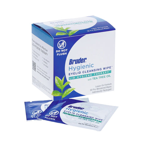 The Bruder Hygienic Eyelid Cleansing Wipes with Tea Tree Oil (30ct) box, decorated with blue, white, and green leaves and a Do Not Flush symbol, features tea tree oil benefits for ocular hygiene and includes two individually packaged wipes.