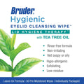 The packaging for Bruder Hygienic Eyelid Cleansing Wipes with Tea Tree Oil (30ct) emphasizes Lid hygiene therapy with tea tree oil, and features benefits such as rinse-free, non-irritating, hypoallergenic, accented by a leafy graphic to underscore its ocular hygiene focus.