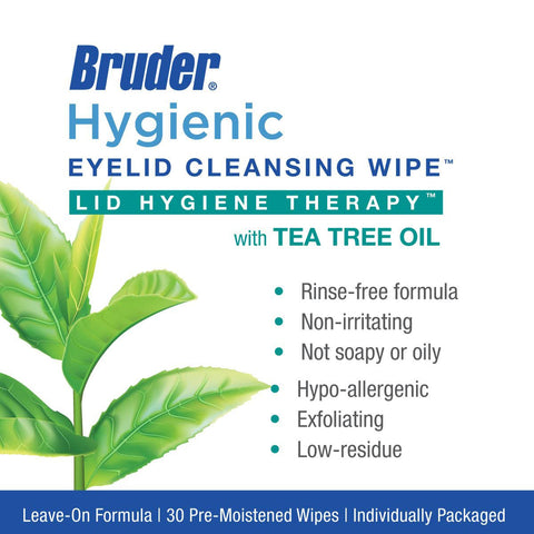 The packaging for Bruder Hygienic Eyelid Cleansing Wipes with Tea Tree Oil (30ct) emphasizes Lid hygiene therapy with tea tree oil, and features benefits such as rinse-free, non-irritating, hypoallergenic, accented by a leafy graphic to underscore its ocular hygiene focus.