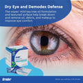 Close-up of a red, irritated eye, a box of Bruder Hygienic Eyelid Cleansing Wipes with Tea Tree Oil (30ct), and a wipe packet. Text reads: Dry Eye and Demodex Defense, emphasizing ocular hygiene benefits for improved comfort.