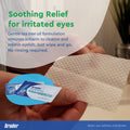 A person holds a textured wipe. In the background, a hand shows two Bruder Hygienic Eyelid Cleansing Wipes sachets. Text: Soothing relief for irritated eyes. The gentle tea tree oil formula removes irritants to cleanse and refresh eyelids, promoting ocular hygiene.
