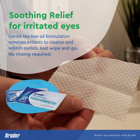 A person holds a textured wipe. In the background, a hand shows two Bruder Hygienic Eyelid Cleansing Wipes sachets. Text: Soothing relief for irritated eyes. The gentle tea tree oil formula removes irritants to cleanse and refresh eyelids, promoting ocular hygiene.