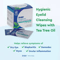 Image of Bruder Hygienic Eyelid Cleansing Wipes with Tea Tree Oil (30ct) packaging from Bruder. Text promotes relief from dry eye, blepharitis, demodex, styes, and ocular inflammation. Slogan: Better. By Design. Checkmarks underscore top-tier ocular hygiene benefits.