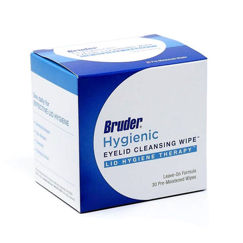 The Bruder Hygienic Eyelid Cleansing Wipes come in a blue and white box featuring text on lid hygiene therapy for optimal ocular health. The packaging emphasizes daily use for dry eye relief and effective eyelid cleanliness.
