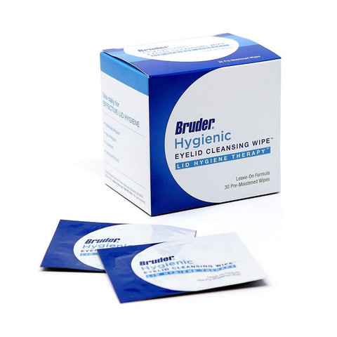 Image of Bruder Hygienic Eyelid Cleansing Wipes packaging. A blue and white box with Bruder branding is shown next to two individual packets, featuring 30 pre-moistened wipes for promoting lid hygiene therapy and optimal ocular health.