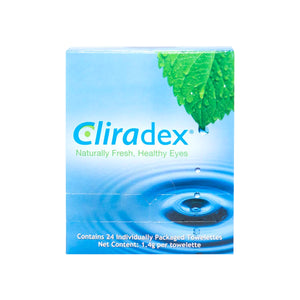 Close-up of Cliradex Wipes by PRN featuring water ripple and leaf design. Text: Naturally Fresh, Healthy Eyes. Contains 24 individually packaged towelettes (1.4g each) with tea tree oil extract for ocular hygiene and Demodex mite management.