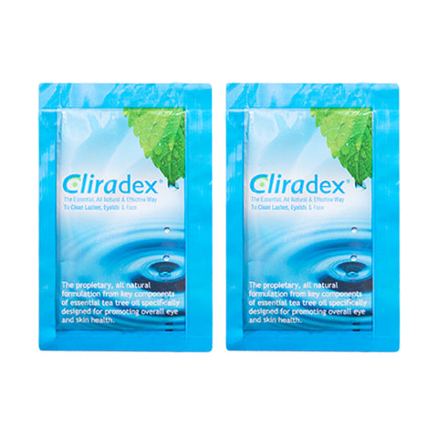 Two packs of PRNs Cliradex Wipes (24 count each) feature a blue design with leaves and water droplets, highlighting their natural efficacy. They are infused with 4-Terpineol for superior ocular hygiene and are ideal for cleaning lashes, eyelids, and face to boost eye and skin health.